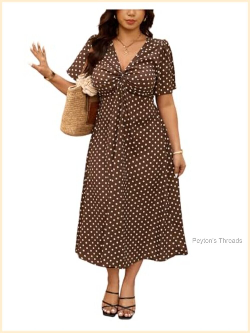 Plus Size Polka Dot A-Line Midi Dress Short Sleeve Twist Front